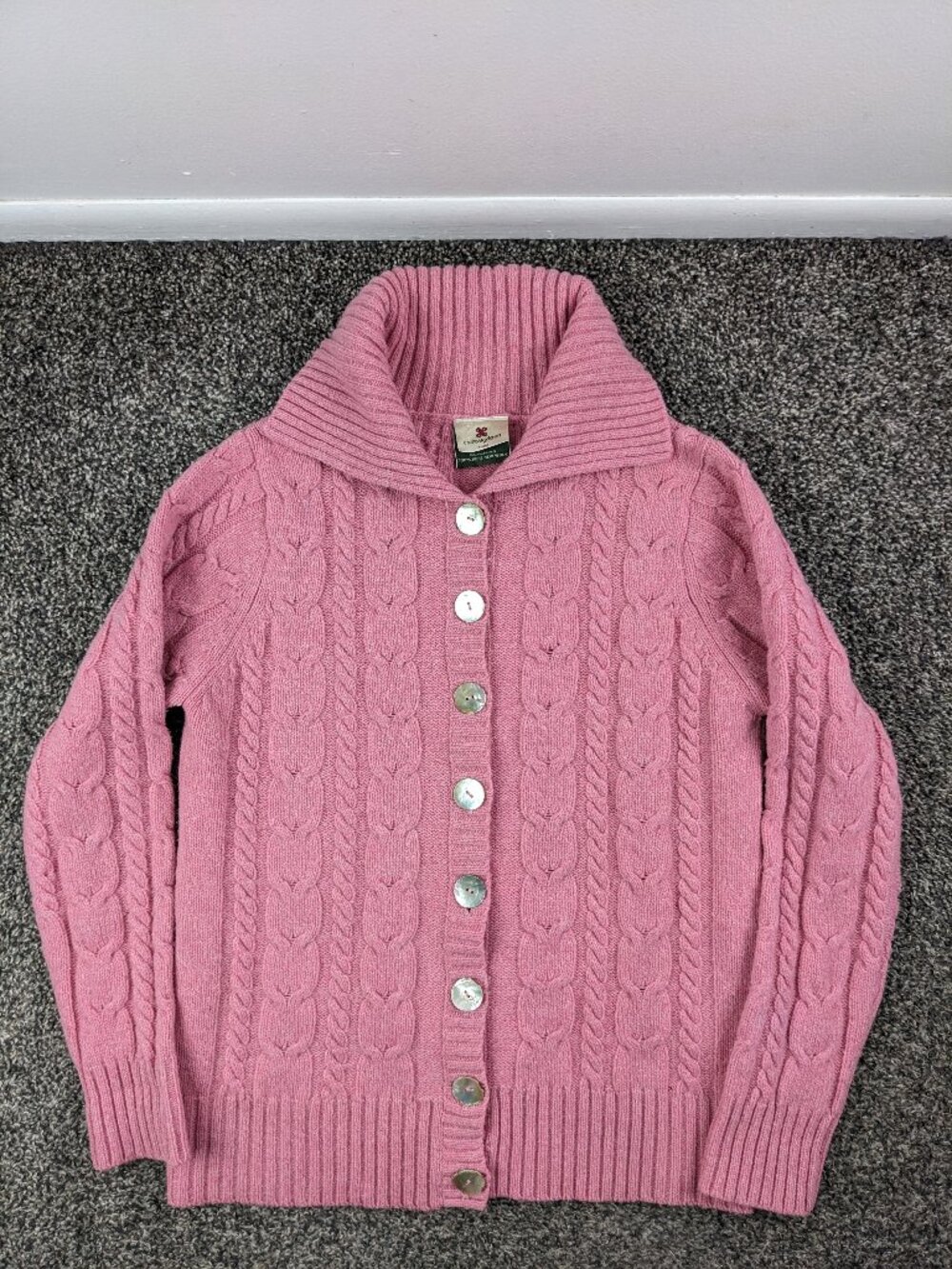 Carraig Donn Sweater Cardigan Wool Cable Knit Shawl Collar Pink Womens Large